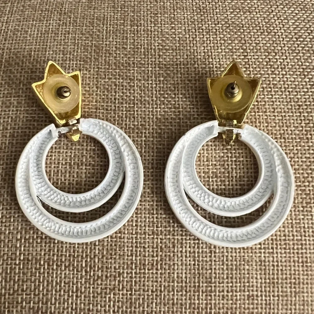Vintage Gold Tone White Enamel Double Hoop Dangle Earrings 2.25